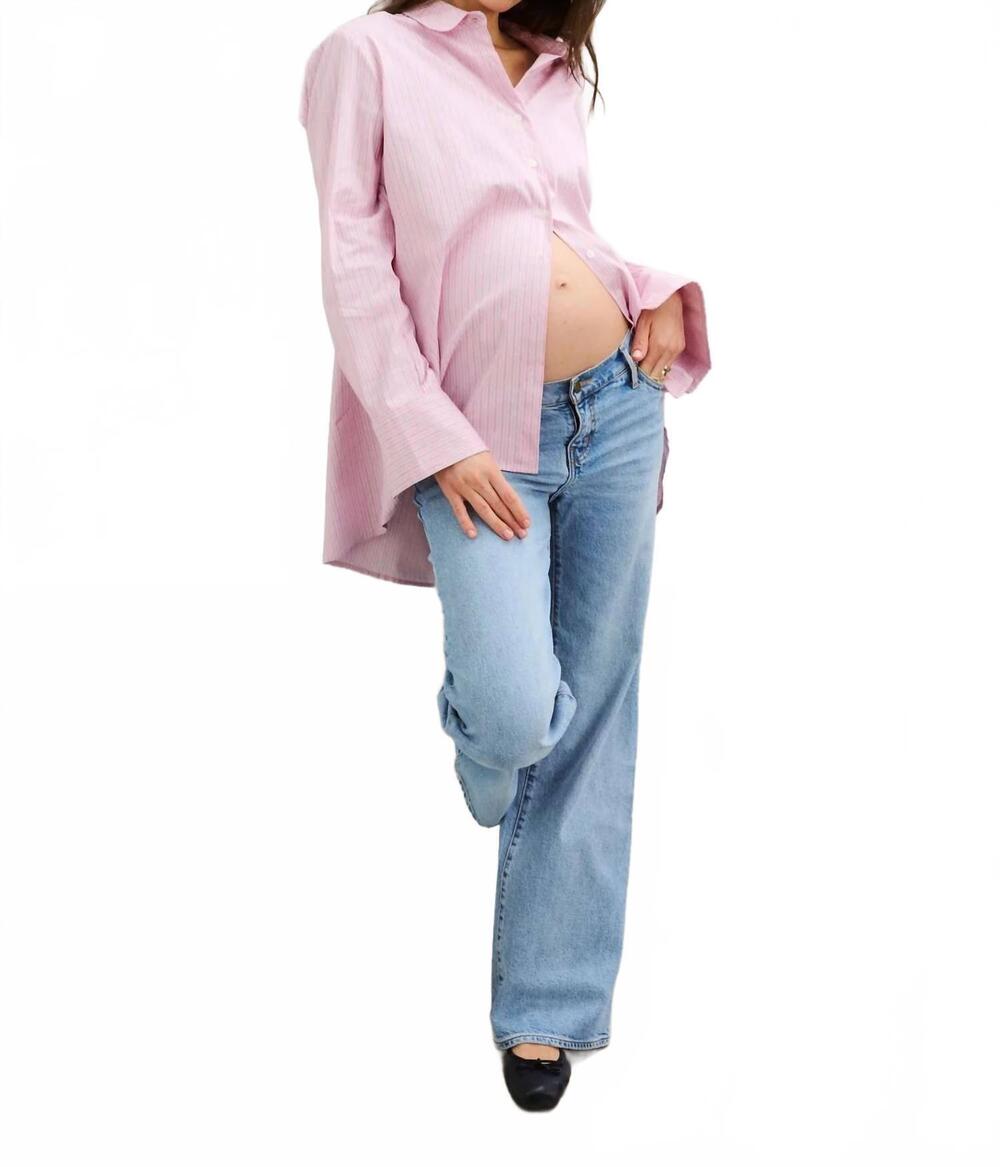 NEW HATCH classic button down shirt -maternity in purple/ pink stripe
